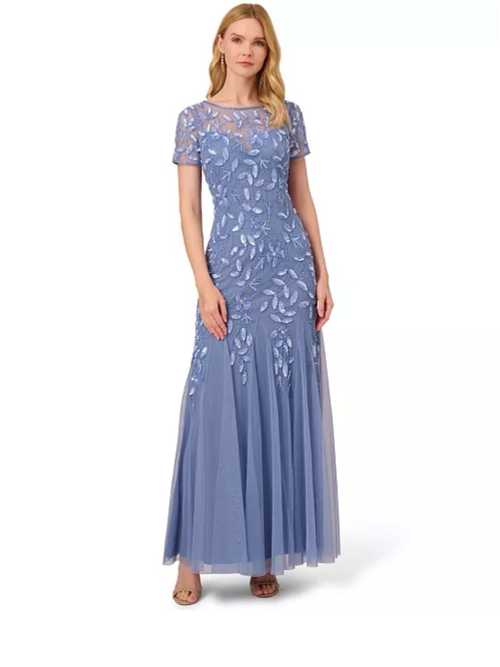 Adrianna Papell Periwinkle Embroidered Tulle Maxi Dress